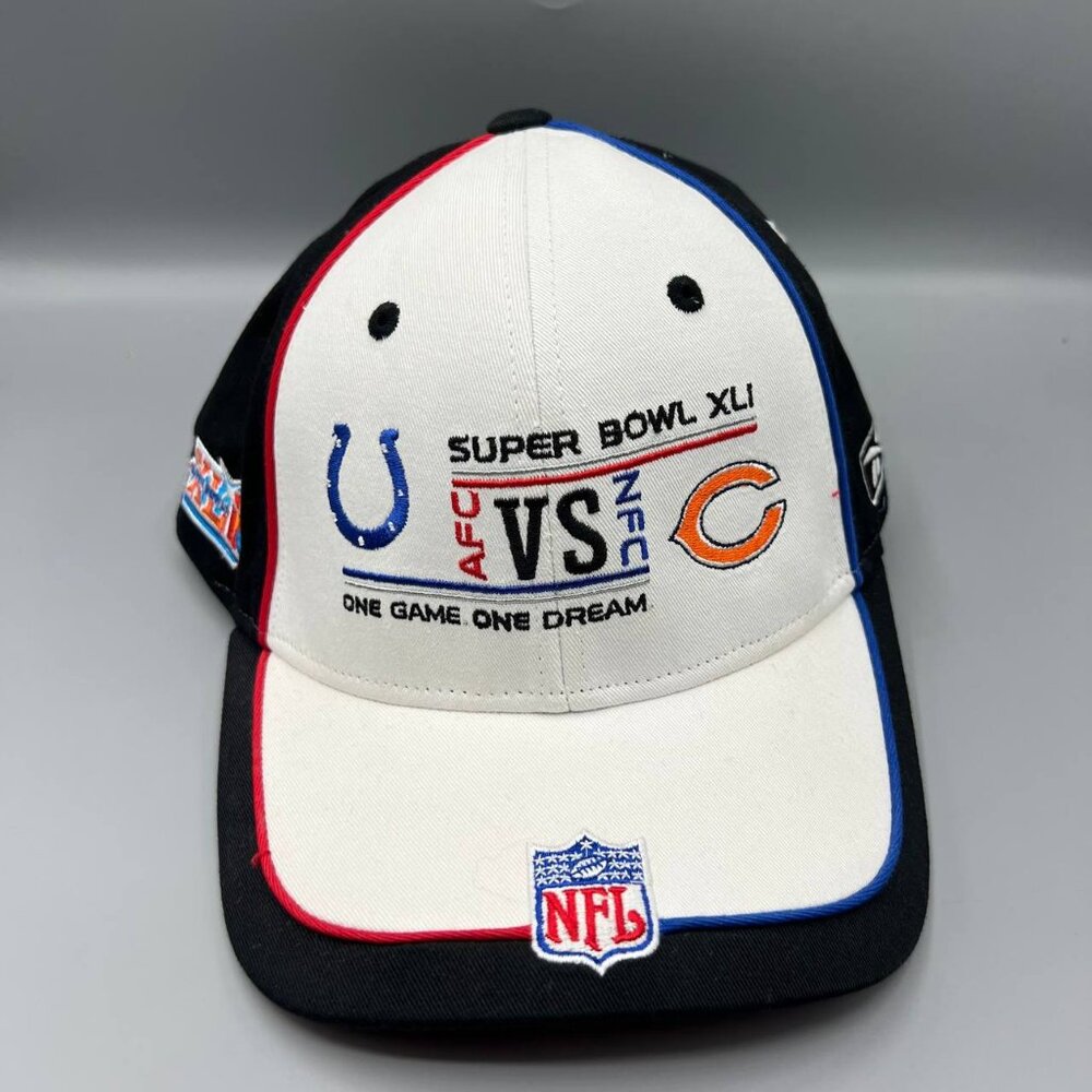 Colts vs Bears Super Bowl XLI NFL Hat Men White Black Reebok Strap Back Cap New